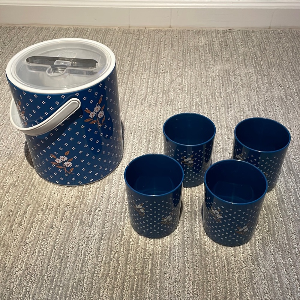 Vintage Blue Daisy Ice Bucket & Cups